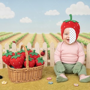 Puede incluir: Un bebé con un gorro de fresa rojo, una camisa rosa y pantalones verdes está sentado frente a una valla blanca y una cesta de peluches de fresa. Decoraciones de mariquitas y flores están esparcidas.