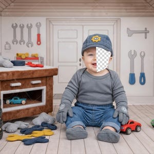 PSD: Ansiktsinlägg, mysig babyworkshopbakgrund för nyföddfotografering, kompositer