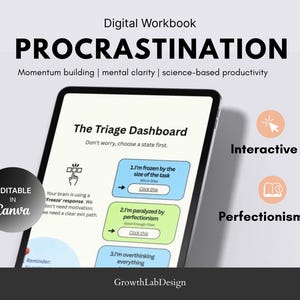 Könnte beinhalten: Digitales Arbeitsbuch mit dem Titel "PROCRASTINATION" auf einem Tablet. Der Bildschirm zeigt "The Triage Dashboard" mit interaktiven Elementen. Enthält Elemente zum Aufbau von Schwung, zur mentalen Klarheit und zur wissenschaftsbasierten Produktivität. Enthält Symbole für "Interaktives PDF" und "Perfektionismus-Hilfe".