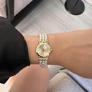 Gold Pearl Women&#39;s Watch - Elegant Vintage Style Bracelet Watch - Feminine Gift Timepiece