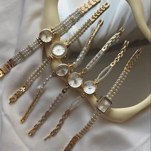 Elegant Gold Pearl Bracelet Watches for Women – Vintage Style Ladies Wristwatch – Gift for Her