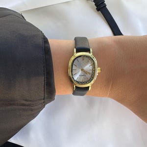 Gold Oval Case Women Wristwatch–Black Leather Strap Minimalist Vintage Style  Watch–Elegant Gift for Her for Daily Wear or Special Occasions