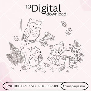 Peut inclure: Illustration numérique en noir et blanc avec un hibou sur une branche d'arbre, un écureuil avec un gland et un raton laveur avec un champignon. Le texte "10 Digital download" est en haut. L'image comprend le texte "PNG 300 DPI - SVG - PDF -ESP JPG Animeparyassin".