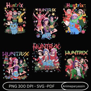 Pode incluir: Seis designs gráficos com a palavra "Huntrix" e personagens de estilo anime em trajes festivos. Cada design inclui um gato azul, presentes e decorações de Natal. A parte inferior da imagem inclui o texto "PNG 300 DPI - SVG -PDF" e "Animeparyassin".