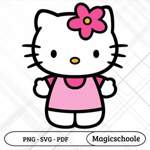 Lindo gatito rosa SVG | Gato de dibujos animados PNG | Sublimación de lazo floral | Personaje kawaii PDF | Descarga digital editable | Arte de gatito preppy