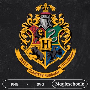 May include: A detailed crest featuring a shield divided into four sections, each with a unique animal and color. The crest includes a helmet, crown, and banner with the words "DRACO DORMENS NUNQUAM TITILLANDUS". The text "PNG - SVG - Magicschoole" is at the bottom.