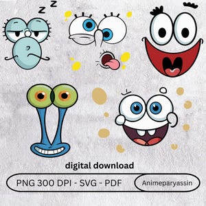 Puede incluir: Una colección de gráficos de caras de dibujos animados con diversas expresiones, incluyendo ojos somnolientos, una cara de sorpresa y una boca muy abierta. La imagen incluye el texto "descarga digital" e información del tipo de archivo.