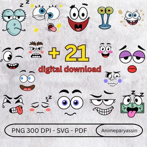 Puede incluir: Una colección de expresiones faciales de dibujos animados en varios estilos y colores. La imagen incluye varios ojos, bocas y otros rasgos faciales. El texto incluye "+21 digital download" y "PNG 300 DPI - SVG - PDF".