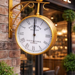 Könnte beinhalten: Eine goldfarbene Doppelseitige Bahnhofsuhr an einer Backsteinmauer. Das Zifferblatt ist weiß mit schwarzen römischen Ziffern und dem Text "Victoria Station Railway Clock London". Das Wort "COFFEE" ist im Hintergrund sichtbar.