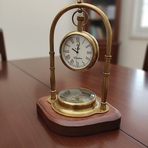 Brass Table Clock with Compass Victorian Style Desk Decor