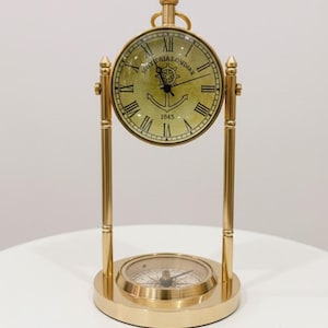 Vintage Brass  Table Clock with Compass - Nautical Steampunk Desk Decor , Antique Maritime Timepiece Gift