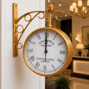 Op de afbeelding: Een dubbelzijdige wandklok met een goudkleurig metalen frame en beugel. De witte wijzerplaat is voorzien van zwarte Romeinse cijfers en de tekst "VICTORIA STATION RAILWAY CLOCK LONDON". De klok is aan een muur bevestigd met een decoratieve metalen arm.