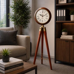 May include: A wooden clock with a cream face and Roman numerals sits on a tripod stand. The clock has gold detailing and the wooden legs are a dark brown. The clock is a decorative item, suitable for a living room or office space.