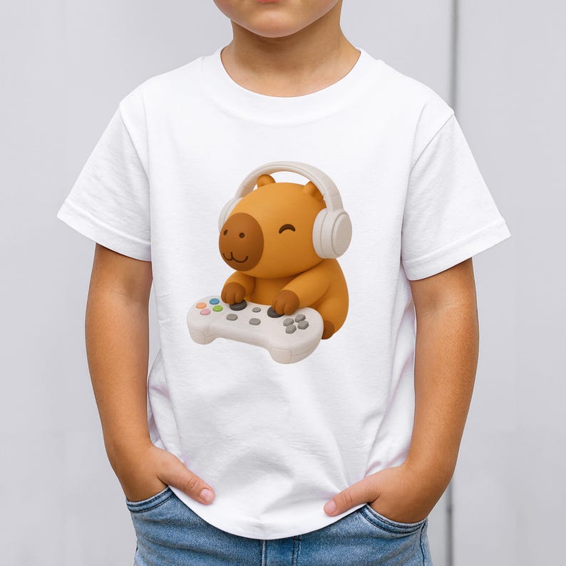 May include: White t-shirt featuring a cartoon capybara wearing headphones and holding a white game controller. The capybara is brown with a smiling face. The controller has colorful buttons. The shirt is made of a soft material.