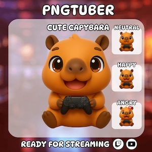 Könnte beinhalten: Eine orange-braune Cartoon-Capybara-Figur, die einen schwarzen Gamecontroller hält. Das Bild enthält den Text "PNGTUBER", "CUTE CAPYBARA" und "READY FOR STREAMING". Zusätzliche Capybara-Bilder zeigen neutrale, fröhliche und wütende Ausdrücke.