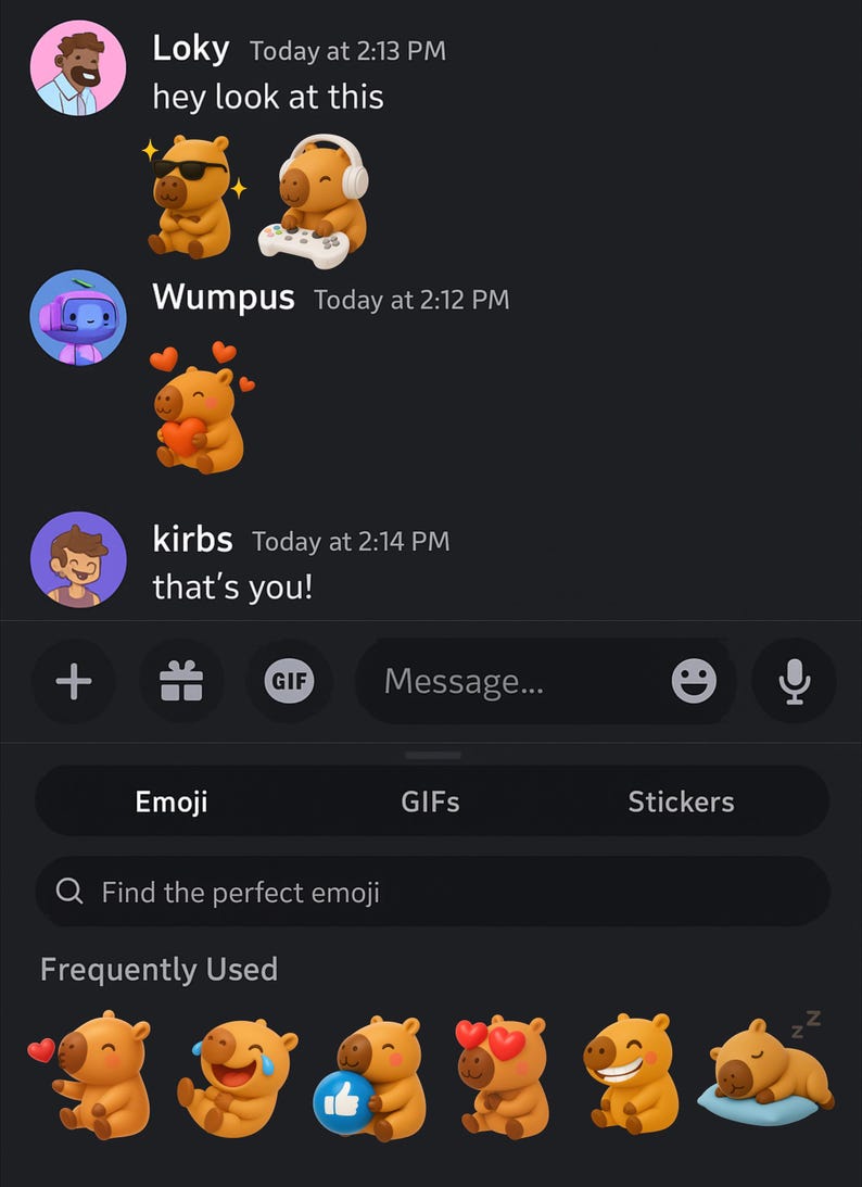 May include: Screenshot of a messaging app with a dark background. The conversation includes various emoji of a cartoon capybara wearing sunglasses, headphones, and holding a game controller. Other emojis include hearts and a thumbs-up.