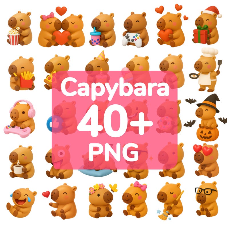 May include: A collection of 40+ PNG images featuring cartoon capybaras in various poses and with different accessories. The capybaras are depicted with items like popcorn, hearts, a controller, and a chef's hat. The images are in shades of brown and orange.