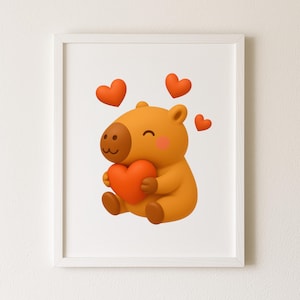 May include: A framed print featuring a cartoon capybara holding a heart. The capybara is orange with a brown face and rosy cheeks. Three orange hearts float above the capybara. The frame is white.