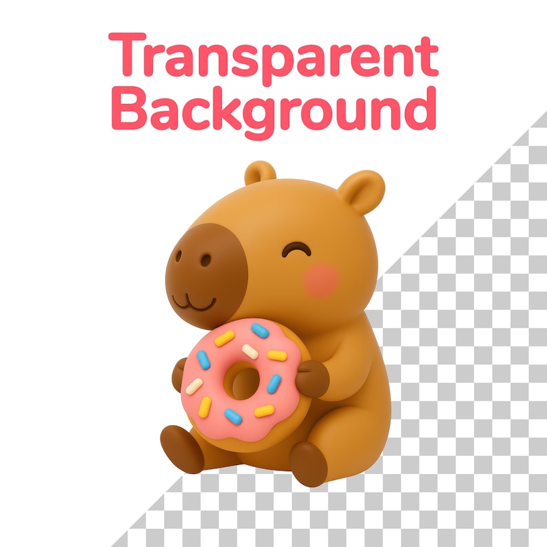 May include: A cartoon capybara figure in shades of brown, holding a pink donut with blue and yellow sprinkles. The image has the text "Transparent Background" in pink letters at the top.