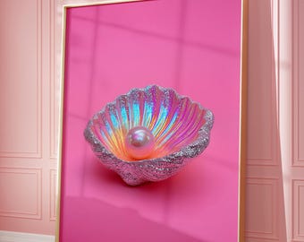 Oyster Wall Art, Barbiecore Pink Wall Art Printable Pearl Poster Dopamine Decor Maximalist Wallart Y2K Aesthetic Digital Art Dorm Girl Print