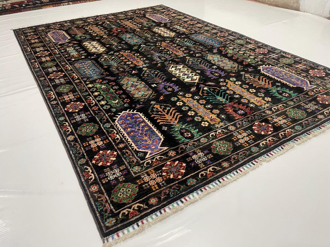 Waziri Rug 5'7 X 8'2 Ft. Oriental Black Waziri Area Rug, Hand-knotted Wool Bedroom ...