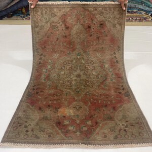 May include: A rectangular area rug featuring a central medallion design in muted shades of terracotta red, beige, and sage green. The rug has a detailed floral pattern throughout, a wide border, and short, light-colored fringe along the top and bottom edges.