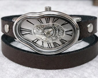Roman Arabic Numbers Gold Silver Salvador Dali Inspired Dark Brown Leather Wrap watch,Dali Melting Time watch ,Softwatch ,xaequo watch