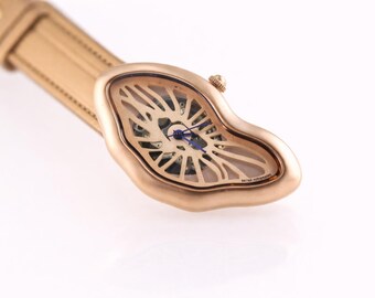 Liquid Time Dali Inspired Melting Vintage Style Rare French Homage Irregular Waterproof Soft Melted Watch Rose Gold Skeleton Dial
