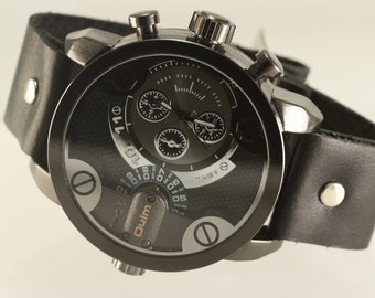 Steampunk 2 time zones watch,leather watch cuff,Men's leather watch,Men Wrist Watch,Mens Sport watch,custom personalized watch,vintage watch