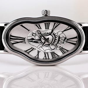 women wrist watch inspired by dali painting curved and melting dial and steampunk gears