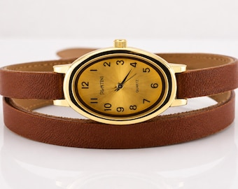 Woman Watch, wrist watch, genuine leather, wrap watch, bracelet watch real leather, vintage watch, Oval Egg watch, boho watch, antique watch