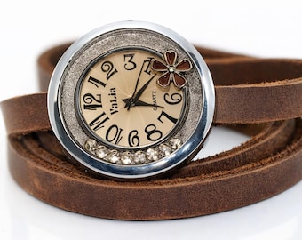 Dark Brown Leather Wrap watch,wrap around watch,leather watch women,bracelet watch ,vintage wrist watch Tree Leather Bracelet ,dark brown