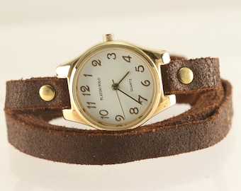 Woman Watch, wrist watch, genuine leather, wrap watch, bracelet watch distress leather, vintage watch, gold watch, worn watch, antique watch