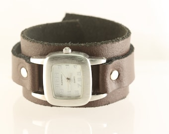 Silver Square Retro Style Leather Wrist Watch,Women's Wide Cuff band Wrist Watch,Leather Wrap Watch,tan Brown Watch for girl lady,Women Gift