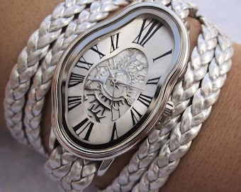 Silver Salvador Dali Inspired Brown Leather Wrap watch, Dali Melting Time watch ,Softwatch ,bracelet watch ,wrist watch,Leather Bracelet