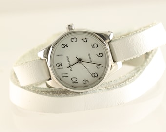 Reloj de la mujer, reloj de muñeca, cuero genuino, reloj de plata de envoltura, reloj de pulsera cuero blanco real, reloj vintage, reloj de plata, números romanos