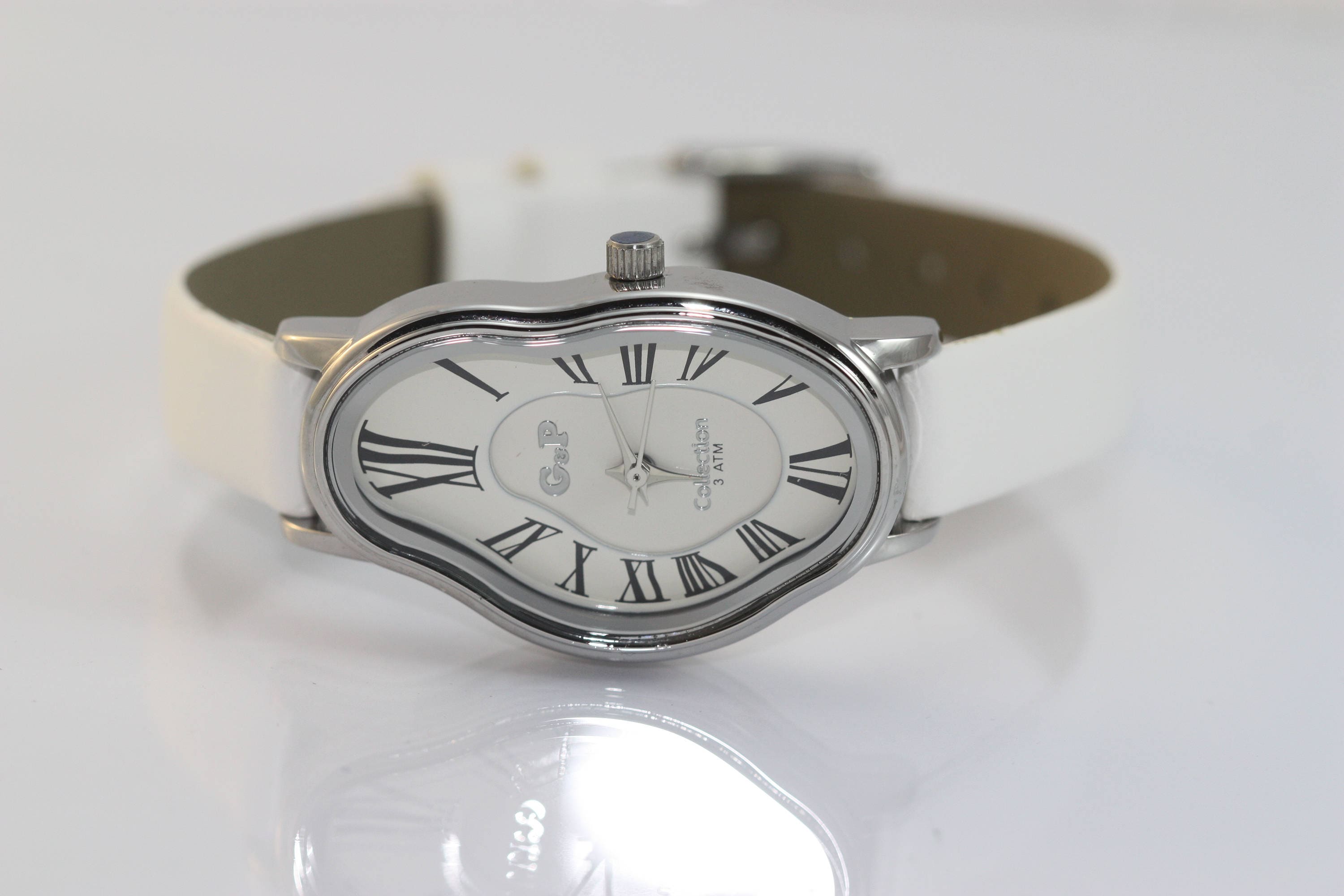 ゴールドシルバーサルバドールダリ風ブラウンレザーラップウォッチ