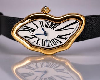 Melting wrist watch gold or silver for men and women surreal and abstract design with Swiss Movement