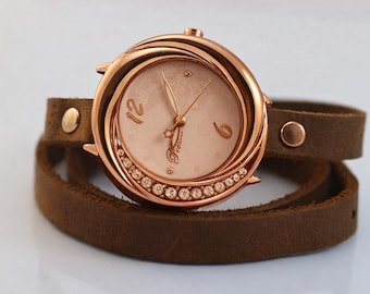 Brown Leather Wrist Watch, Women's Wrist Watch, Leather Wrap butterflies Watch, Natural Brown Rose Gold Watch,Womens Gift,Teen Gift