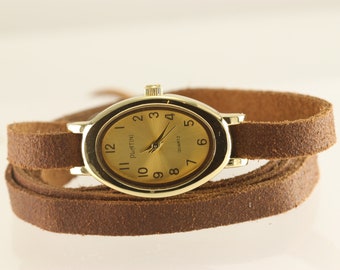 Woman Watch, wrist watch, genuine leather, wrap watch, bracelet watch real leather, vintage watch, Oval Egg watch, boho watch, antique watch