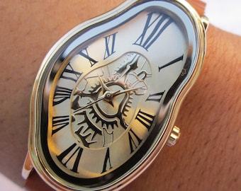 Gold Salvador Dali Inspired Lady Womens Leather Wrap watch, Dali Melting Time watch ,Softwatch ,bracelet watch ,wrist watch,Leather Bracelet