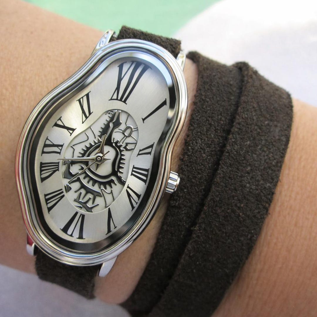 Gold Salvador Dali Inspired Worn Distress Black Leather Wrap Watch