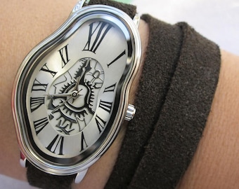Gold Salvador Dali Inspired Worn Distress Black Leather Wrap watch,Melting Time watch,Softwatch,bracelet watch,wrist watch,Leather Bracelet