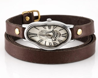 Silver Salvador Dali Inspired Brown Leather Wrap watch, Dali Melting Time watch ,Softwatch ,bracelet watch ,wrist watch,Leather Bracelet
