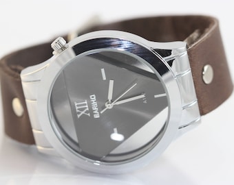 Mens leather Triangle watch, leather cuff,Mens leather watch,Men Wrist Watch, Mens Sport watch,custom personalized watch,Army Military watch
