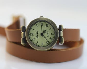 Brown Leather Wrist Watch, Women's Wrist Watch, Leather Wrap butterflies Watch, Natural Brown Synthetic Leather Watch,Womens Gift,Teen Gift