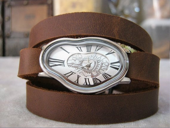 Gold Silver Salvador Dali Inspired Brown Leather Wrap watch, Dali Melting Time watch ,Softwatch ,bracelet watch,wrist watch,Leather Bracelet