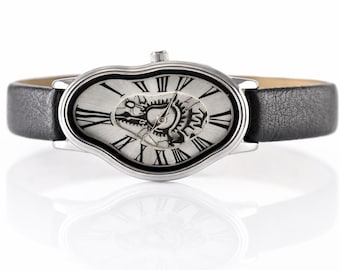 Silver Salvador Dali Inspired Brown Leather Wrap watch, Dali Melting Time watch ,Softwatch ,bracelet watch ,wrist watch,Leather Bracelet