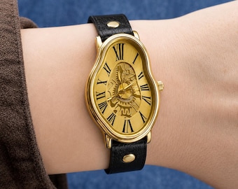 Silver Salvador Dali Inspired Brown Leather Wrap watch, Dali Melting Time watch ,Softwatch ,bracelet watch ,wrist watch,Leather Bracelet