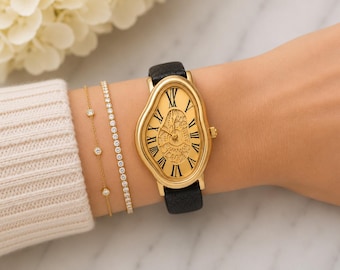 Gold Silver Women Girl Lady Dripping Wavy Brown Leather Wrap watch,Dali Melting Time watch,Soft watch,Distort Clock,wrist watch,fused Geneve